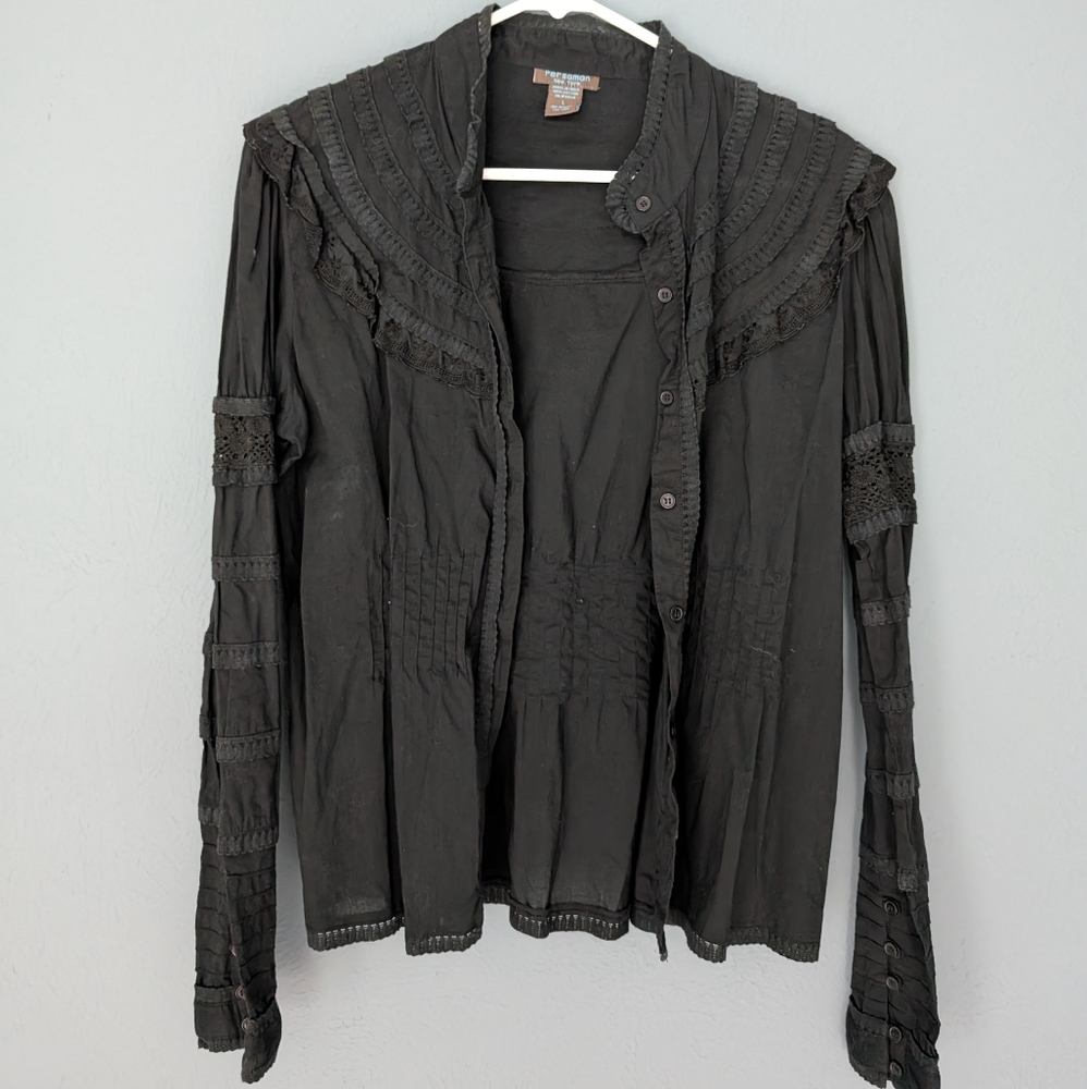 Persaman New York Black Ruffled Smocked Blouse